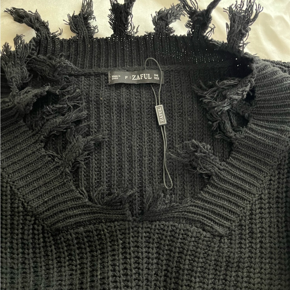 Black Frayed Knit Sweater Off Shoulder - Picture 6 of 8